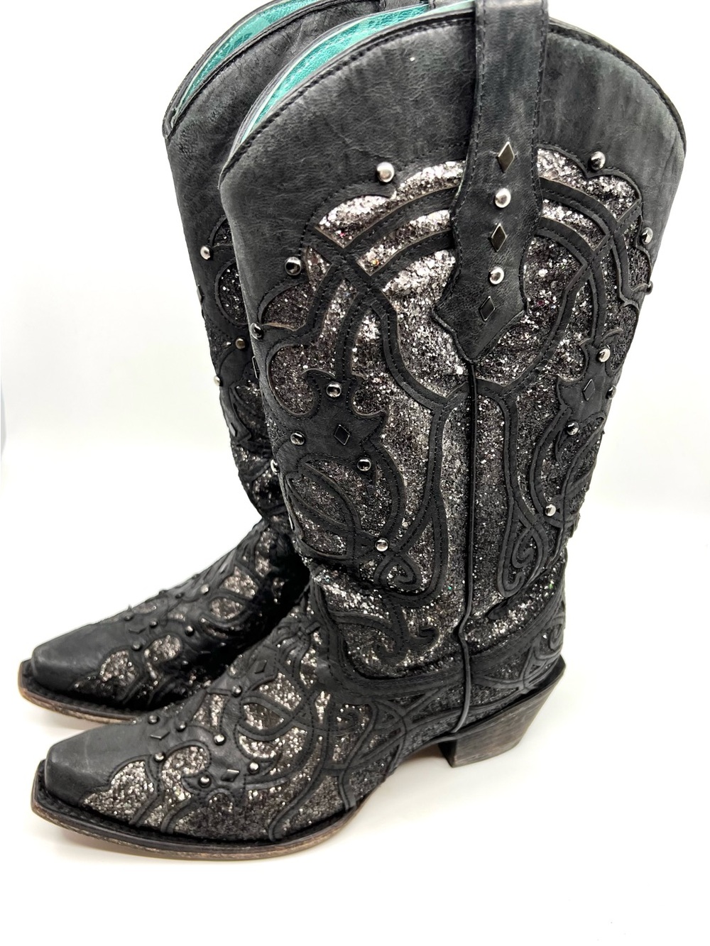 FLAWED Corral Ladies Black Leather Glitter Inlay and Studded Western Boots 8.5 M - Picture 6 of 16